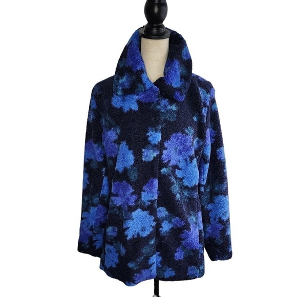 Isaac Mizrahi Live! Floral Printed Faux Fur Shearling Coat Navy QVC Size M - Picture 9 of 16
